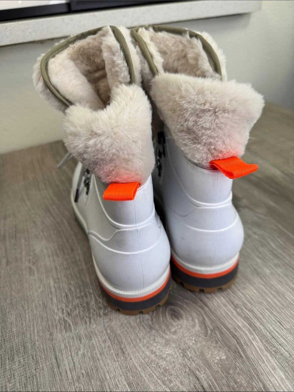 Michael Kors White Faux-Fur Hiking Boots with Orange Accent